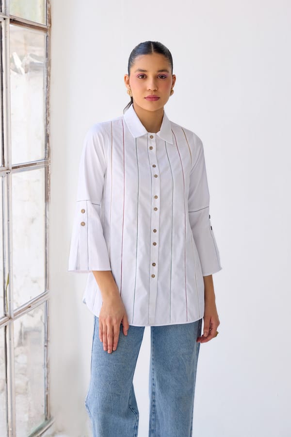 White Cotton Satin Panelled Shirt with 3/4 Bell Sleeves — Our Love