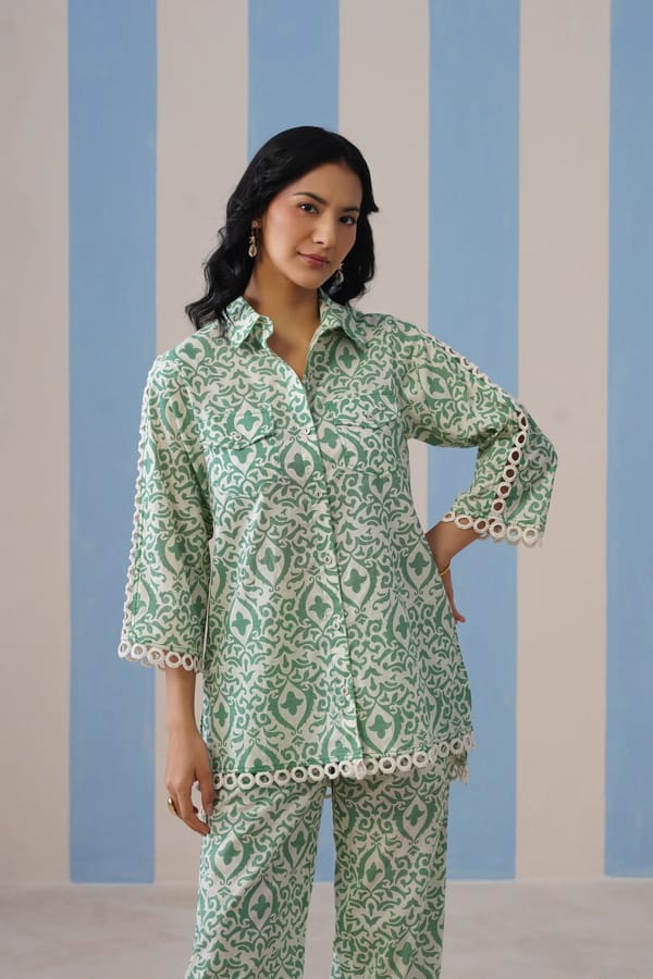 Green Printed Cotton Longline Shirt with Lace Trim — STITCH STORIES