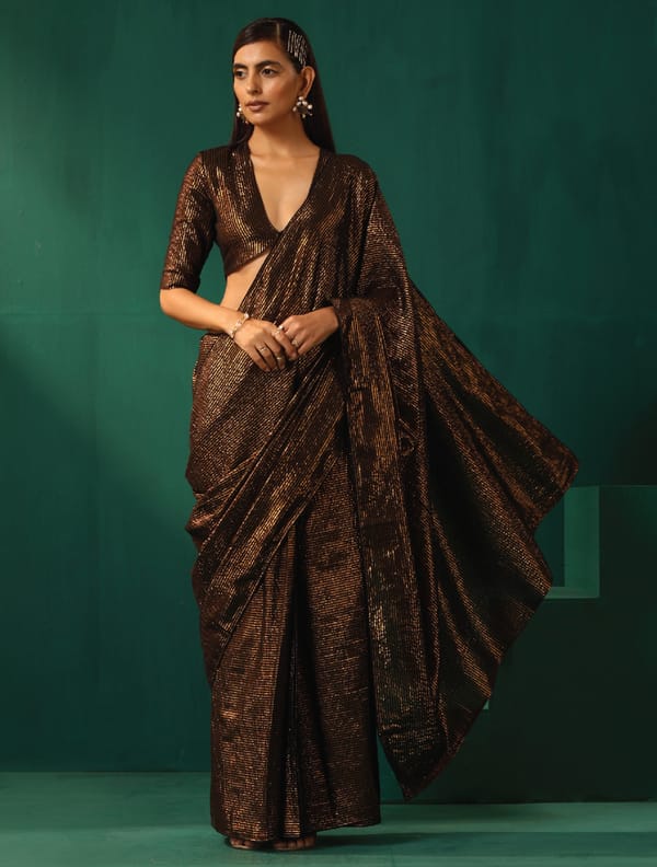 Black Cotton Gold Lurex Striped Pre-Stitched Saree — Truebrowns