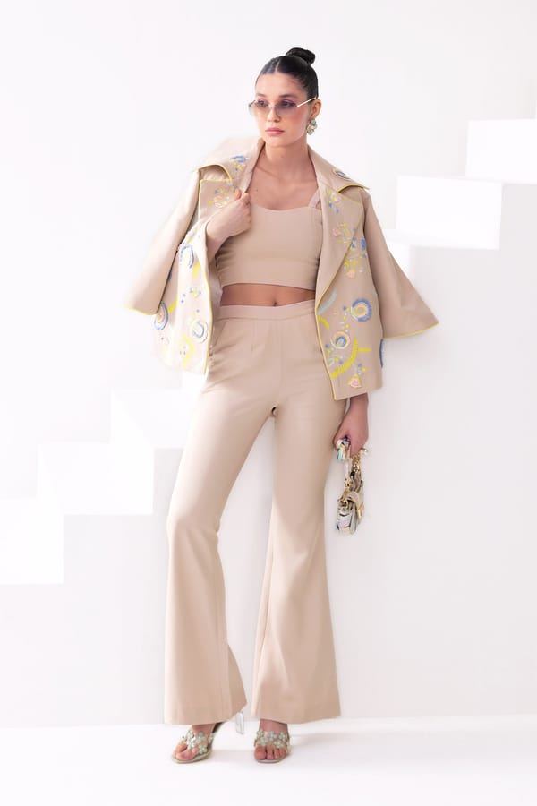 Ecru Embroidered Jacket, Bralette and Flared Pants Co-ord Set — Our Love