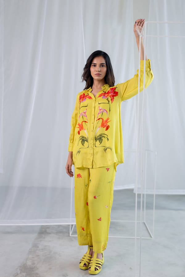 Lime Green Floral Silk Voile Shirt Co-ord Set — Silai studio