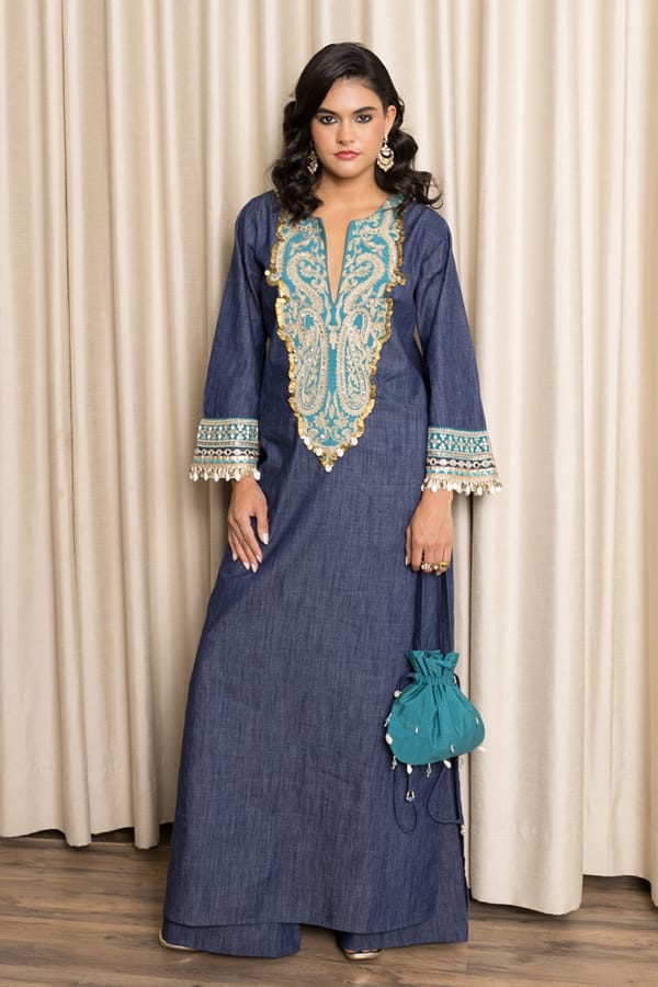 Navy Denim Embroidered Maxi Kaftan — Sttavoss