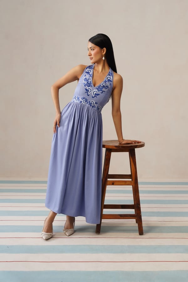 Blue Halter-Neck Embroidered Maxi Dress — Armoire