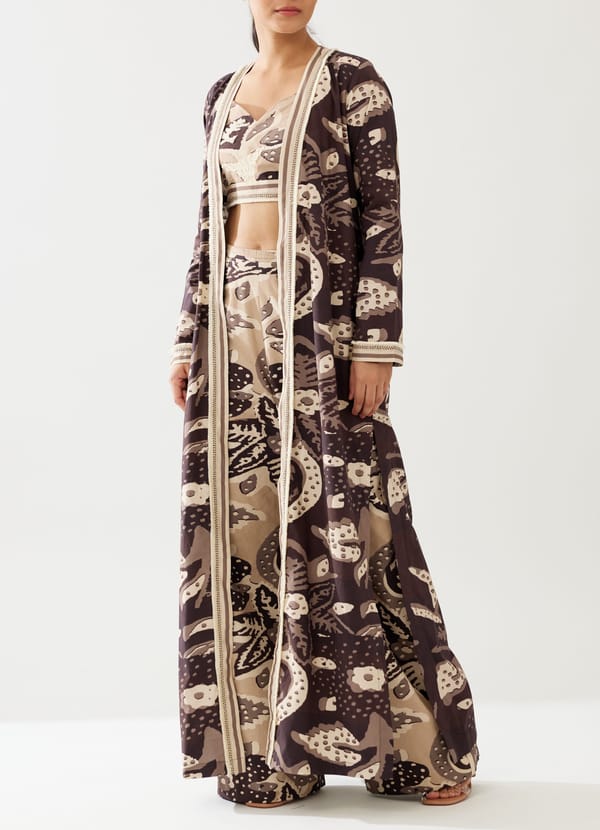 Dark Brown And Cream Floral Cape With Straped — KoAi