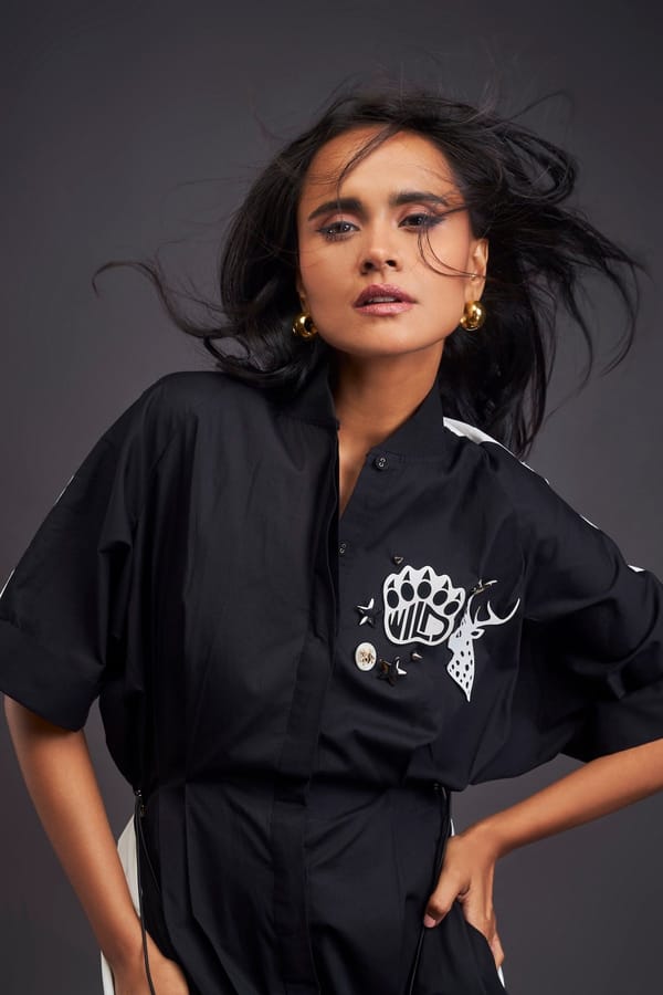 Pleated Oversized Shirt Dress With Patchwork — Deepika Arora