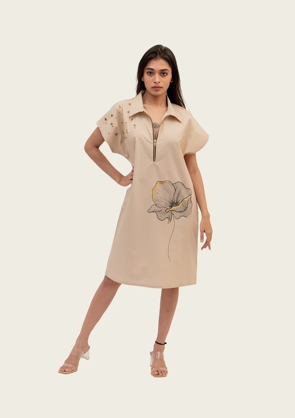 Beige Cotton Dress with Print — Richa Goenka