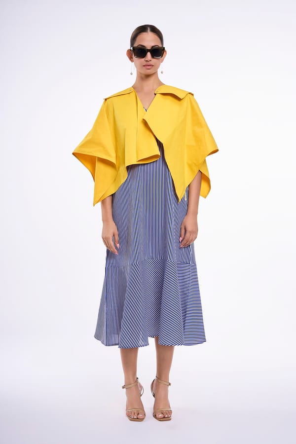 Striped V-Neck Midi Dress with Yellow Cape Set — KOR