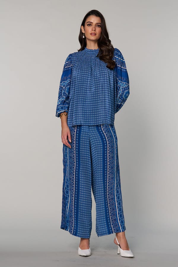 Blue Printed Wide-Leg High-Rise Trousers with Pockets — Style Island