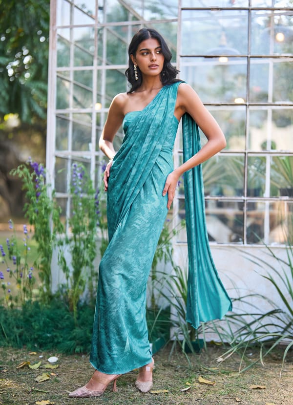 Aqua Blue One-Shoulder Sari Drape Maxi Gown — Dash and Dot