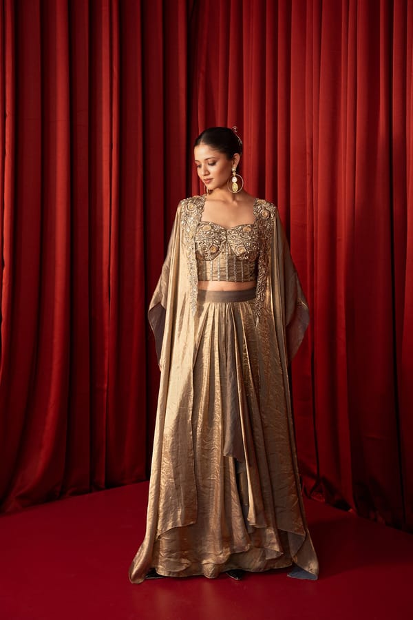 Champagne Gold Shimmer Tissue Co-ord Set with Cape — QUNIC
