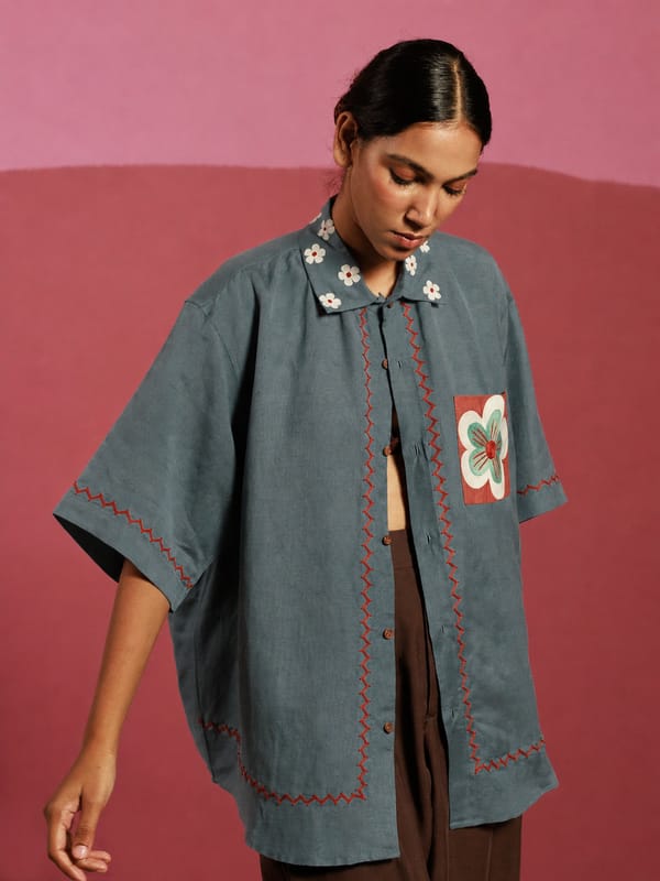 Grey Teal Oversized Linen Shirt with Hand Embroidery — Winglore Studio