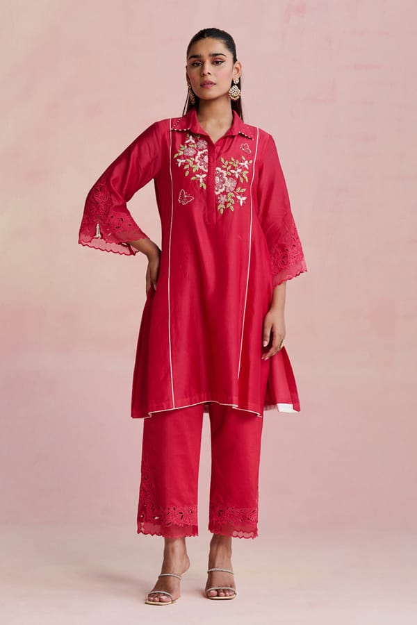 Red Chanderi Embroidered A-Line Kurta Set with Pants — NIRVAIR CLOTHING