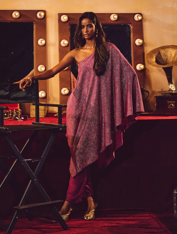Magenta One-Shoulder Gold Foil Print Kurta Co-ord Set — Truebrowns