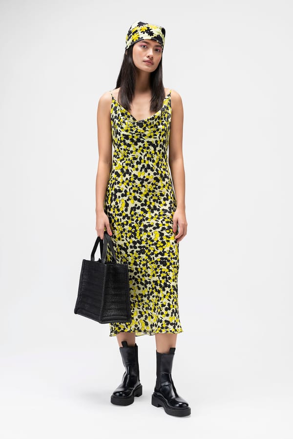 Lime Green Floral Satin Cowl Neck Slip Midi Dress — Genes Lecoanet Hemant