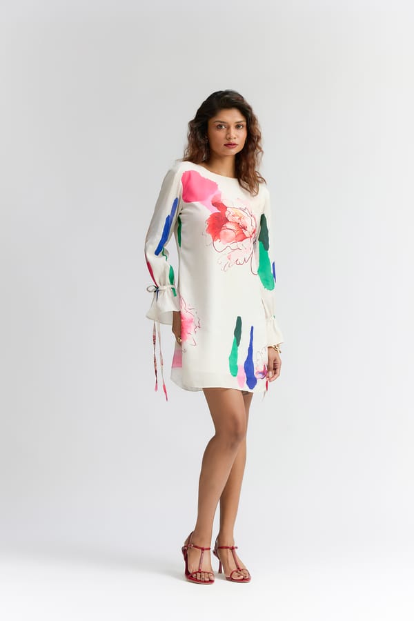 Colour Splash Blosson Printed  Short Dress — Itara an another