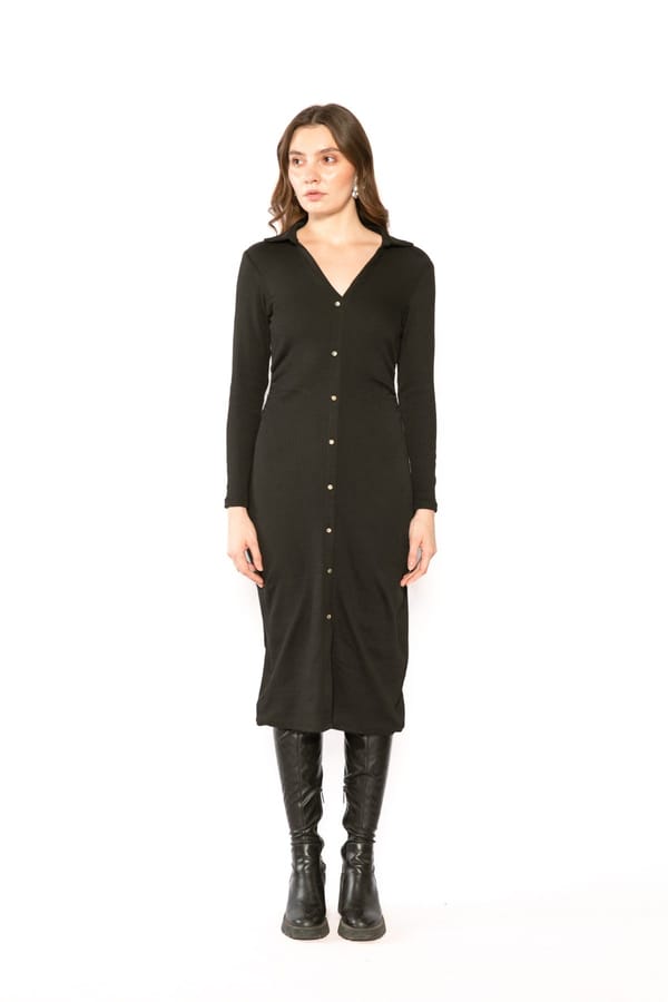 Black Cotton Rib Slim-Fit Collared Midi Dress — Contemponari