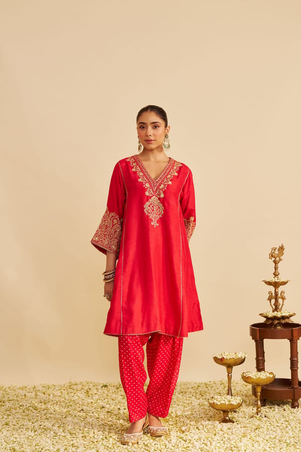 Red Upada Silk Chauga Kurta Set with Gold Embroidery — Sheetal Batra