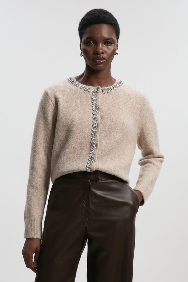 Oatmeal Embellished Trim Cosy Knit Cardigan — KAREN MILLEN