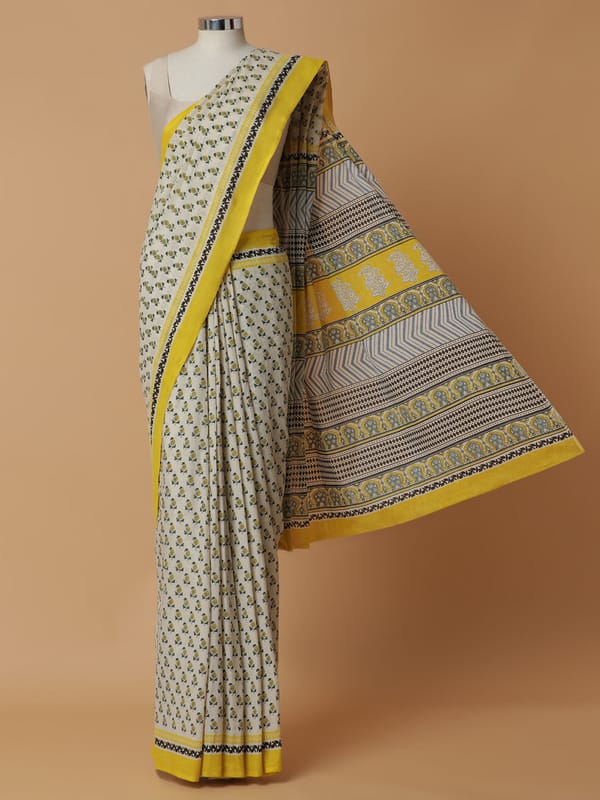 Hand Block Printed Cream Cotton Mulmul Rozaana — BINKS