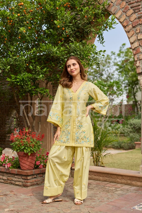 Yellow Cotton Embroidered Kurta Co-ord Set with Farshi Salwar — NARAYANI VASTRA