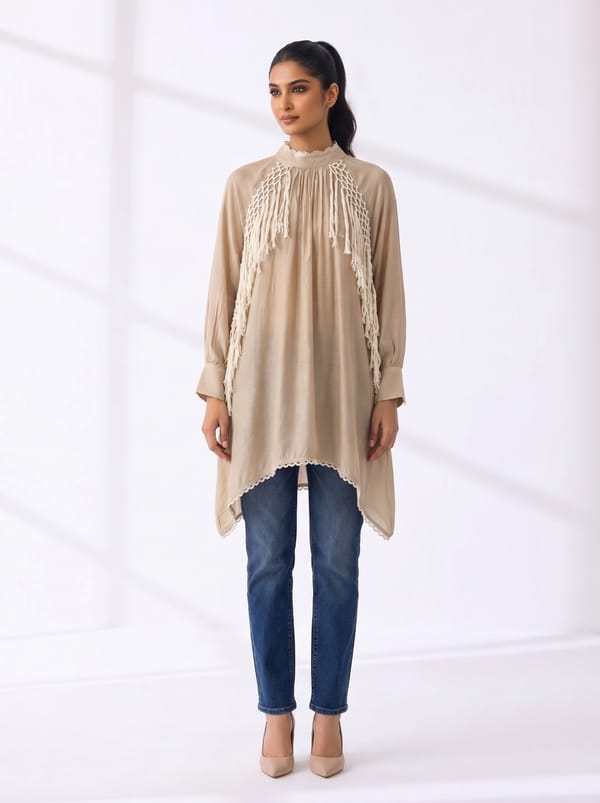 Beige High Neck Fringe Yoke Asymmetrical Hem Kurta — Basanti Kapde aur Koffee