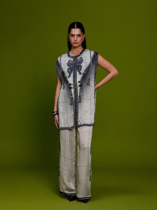 Ivory and Black Printed Cupro Satin Co-ord Set — Kamaali Pret