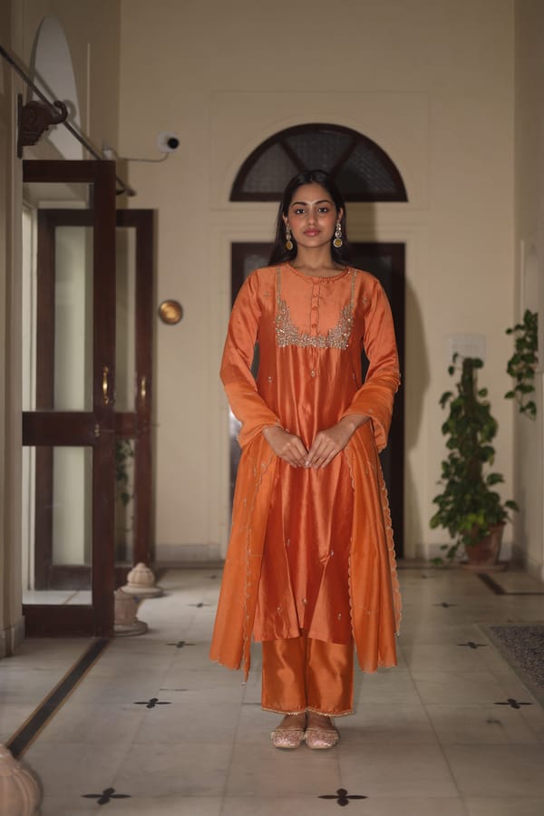 Rust Orange Zardozi Work Silk Chanderi Suit Set — Tatwa Designs