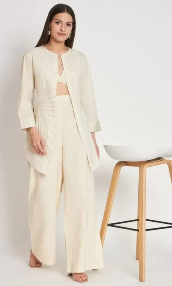 Ivory Organic Cotton 3-Piece Co-ord Set with Embroidered Jacket — Gotta Kinari