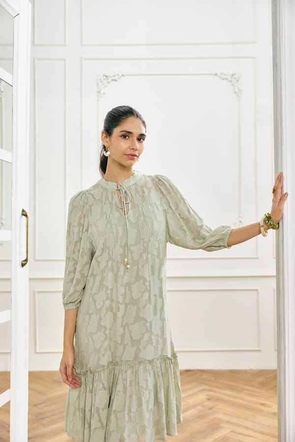 Green Jacquard Tiered Knee-Length Dress with Tie-Up Neck — Style Island