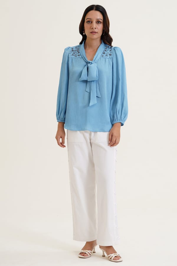 Blue Chiffon Tie-Neck Embellished Yoke Top — STITCH STORIES