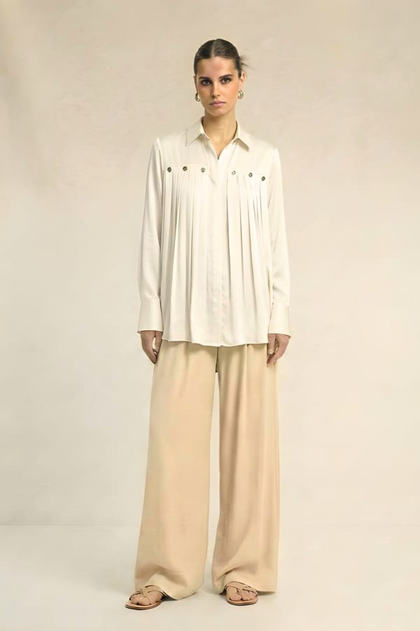 Ivory Bemberg Silk Pleated Button-Down Shirt — Neora