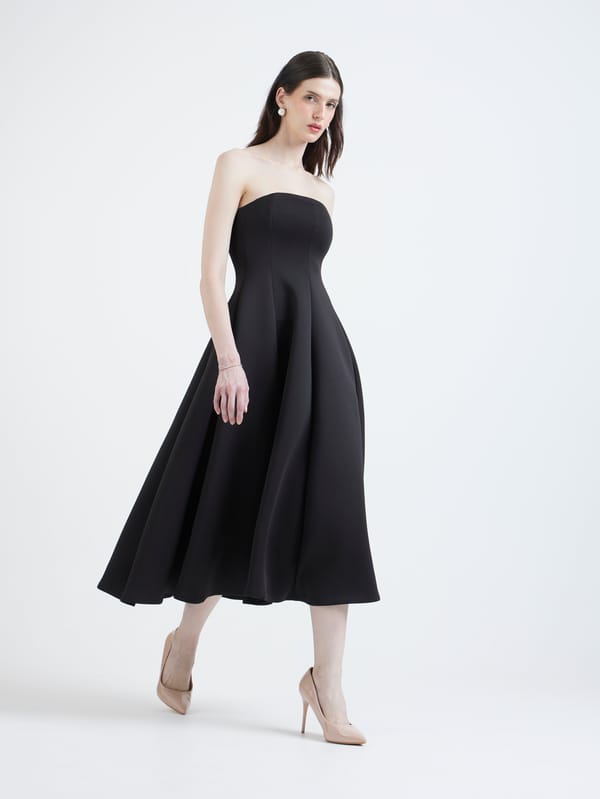 Black Strapless Fit and Flare Midi Dress — OZEQO