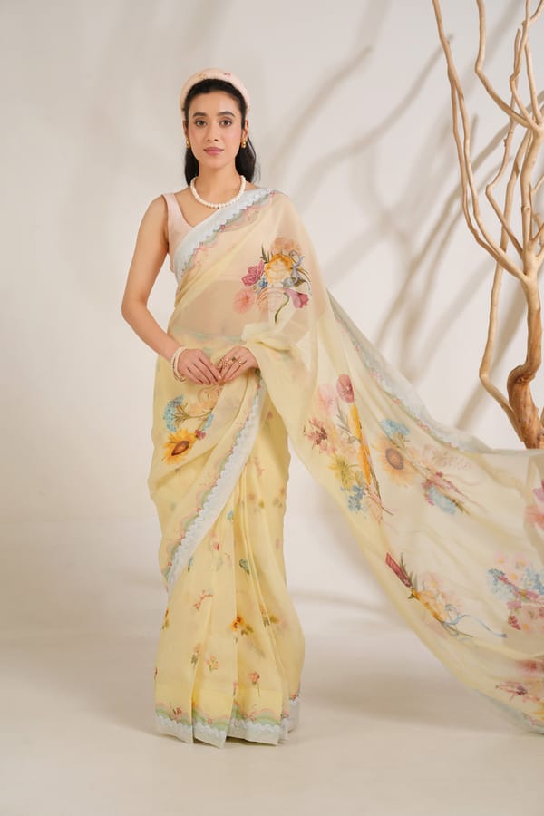 Yellow Floral Printed Organza Saree Set with Blouse Fabric — Moh India