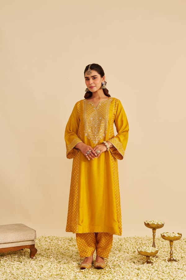 Mustard Upada Silk Embroidered Long Kurta Set — Sheetal Batra