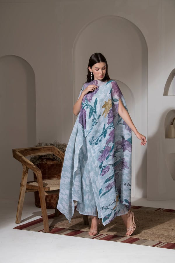 Blue Floral Kaftan and Wide-Leg Pant Co-ord Set — PREETI MEHTA