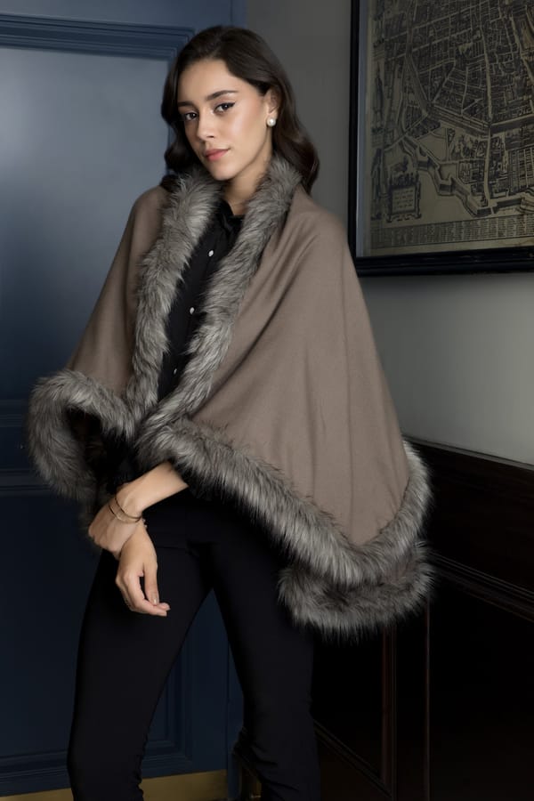 Grey Wool Cape with Faux-Fur Trim — Rhe-Ana