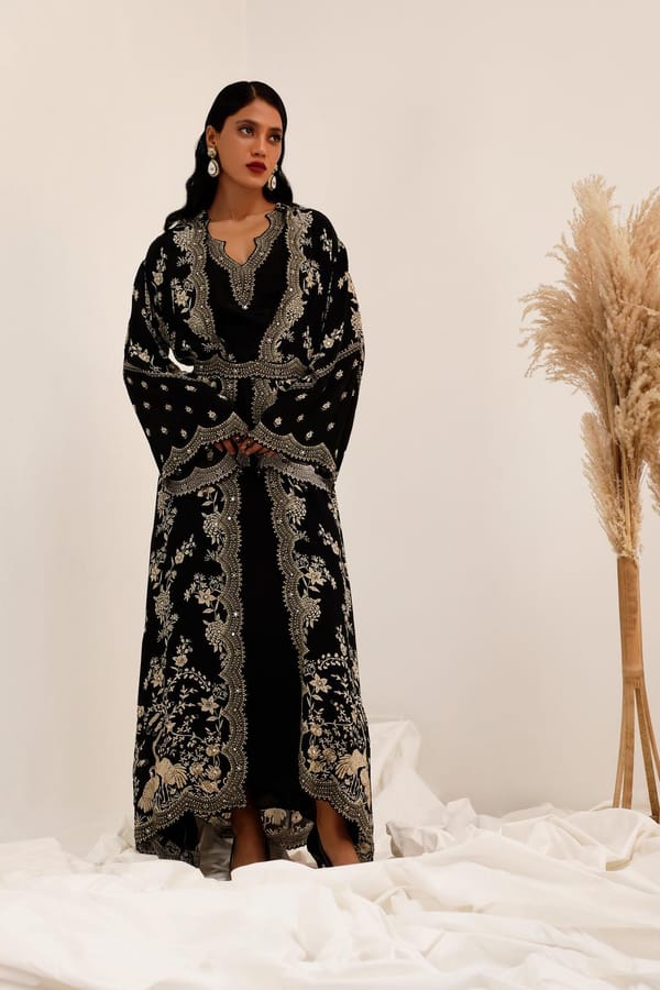 Black Long Jacket-Style Kurta with Embellished Borders — Surkh Syahi