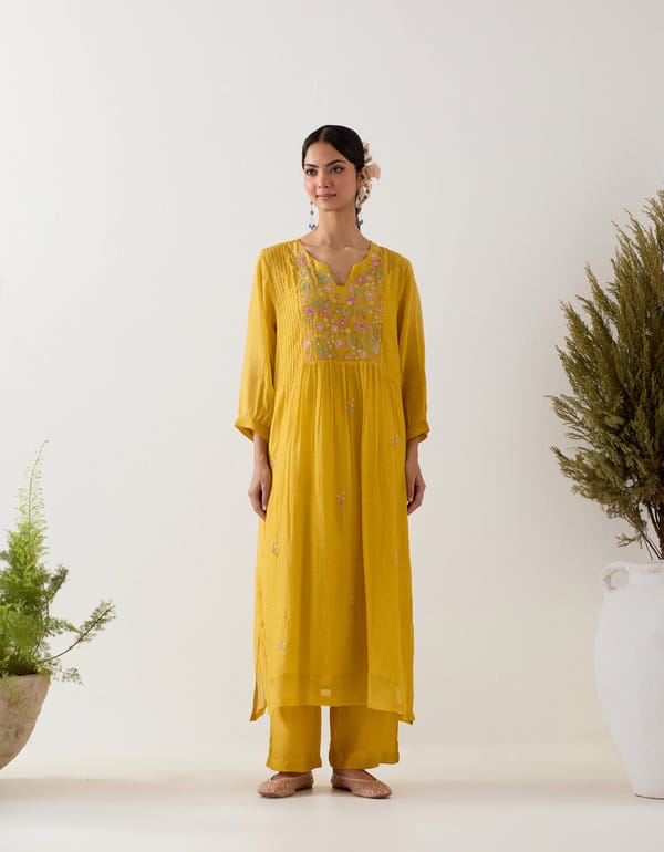 Mustard Chanderi Embroidered Yoke Kurta Set — Tatwa Designs