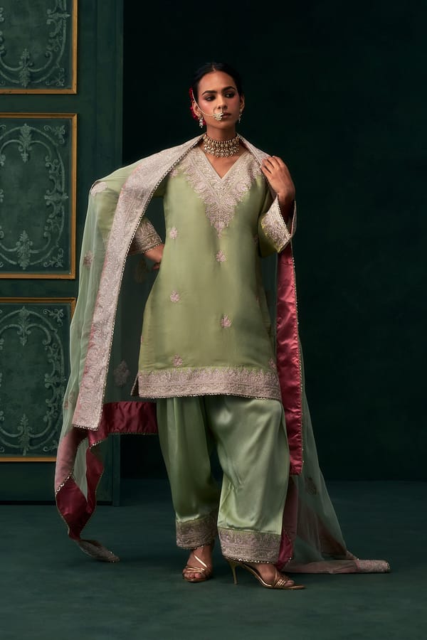Saira Tissue Satin Embroidered Suit Set — NEETIKA CHOPRA