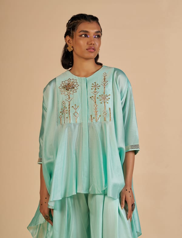 Aqua Silk Chanderi Circular-Cut Asymmetric Shirt — Gulabo by Abu Sandeep