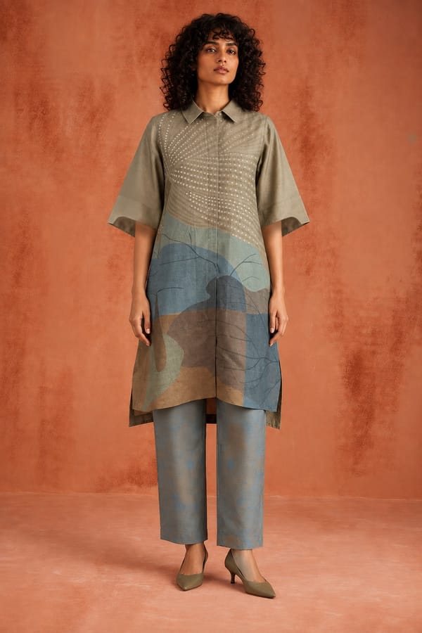 Olive Day Dream Asymmetric Kurta Set — CLOS