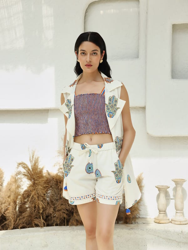 Rust & Blue Hamza Print Blouse, Shorts & Jacket Set — TASHA INDIA