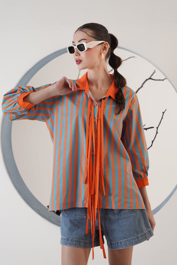Blue and Orange Striped Tie-Front Collared Shirt — SURABHI ARYA