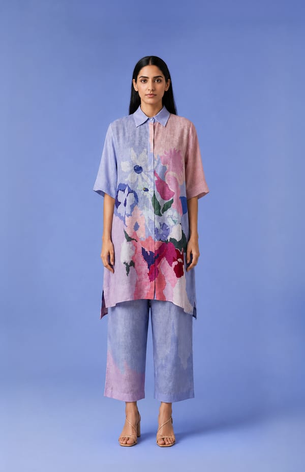 Sky Blue Floral Printed Korean Linen Kurta Set — CLOS