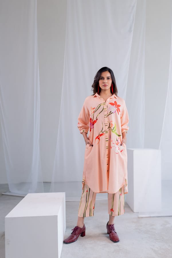 Peach Floral Button-Down Kurta Set with Striped Pants — Silai studio