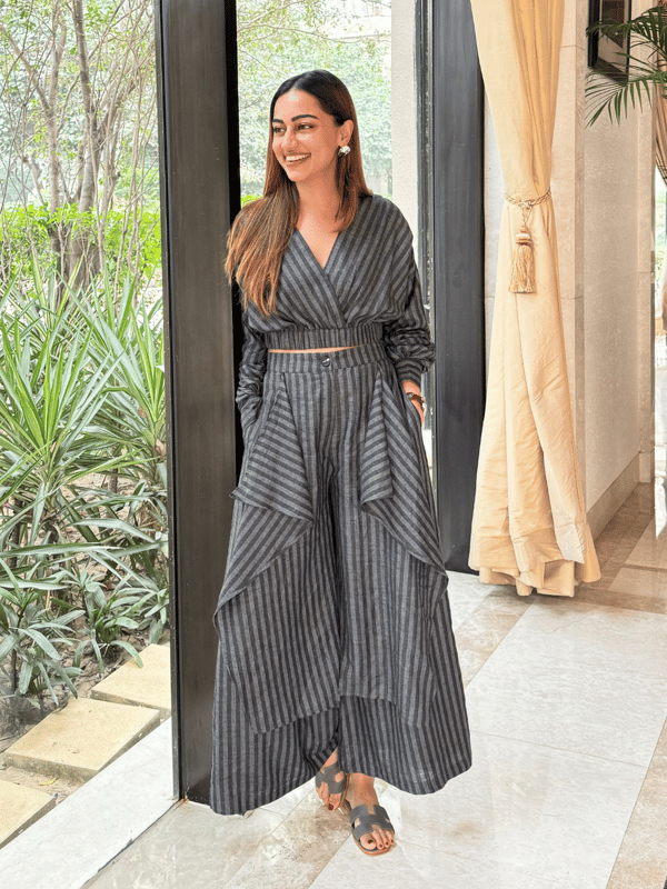 Grey Striped Overlap Top and Wide-Leg Pants Co-ord Set — HOUSE OF FETT