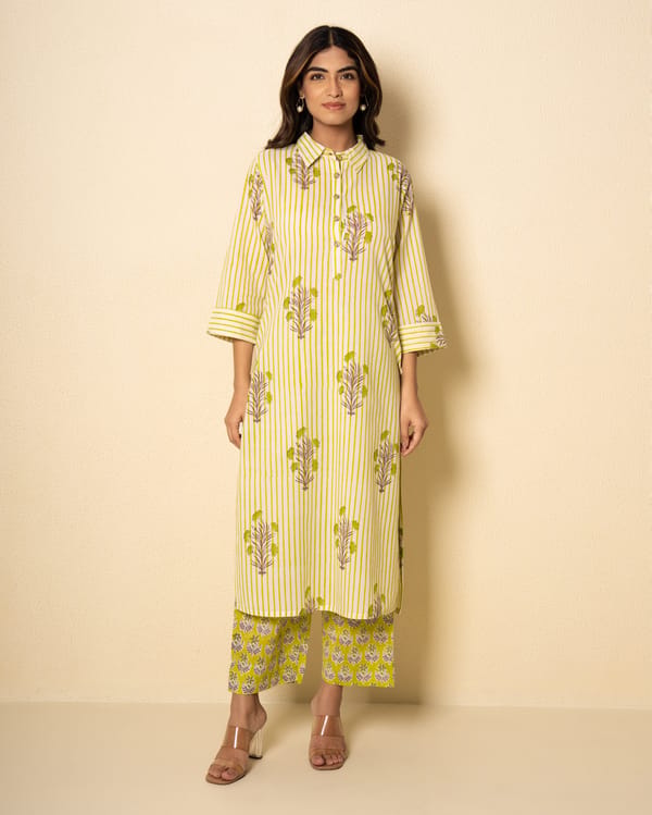 Green Garden Cotton Floral Block Print Kurta Set (Set of 2) — Kameez