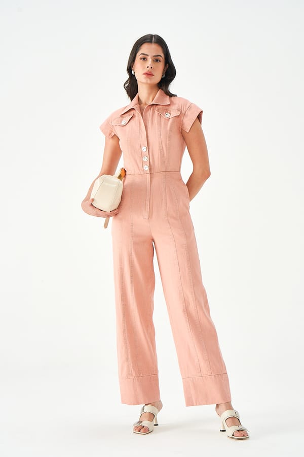 Pink Denim Tailored Wide-Leg Collared Jumpsuit — NOTEBOOK