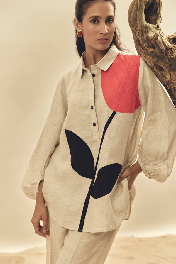 Beige Linen Longline Shirt with Coral Colorblock Detail — Linen Bloom