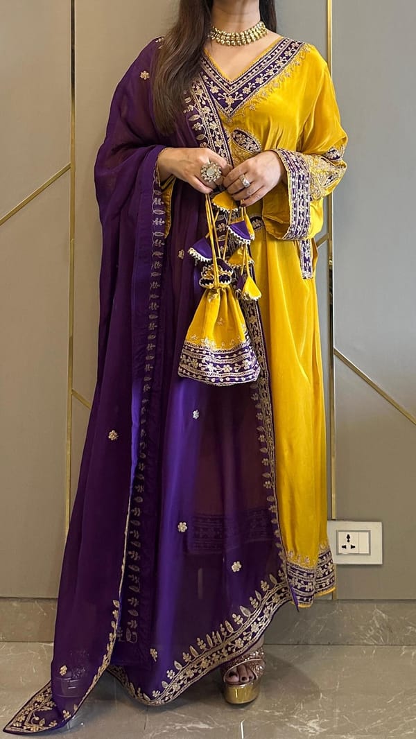 Mustard and Purple Colorblocked Zari Kurta Set — Kylee Fashions